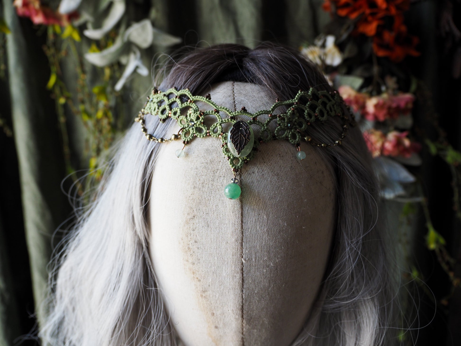 Green lace circlet crown fluorite amazonite and brass