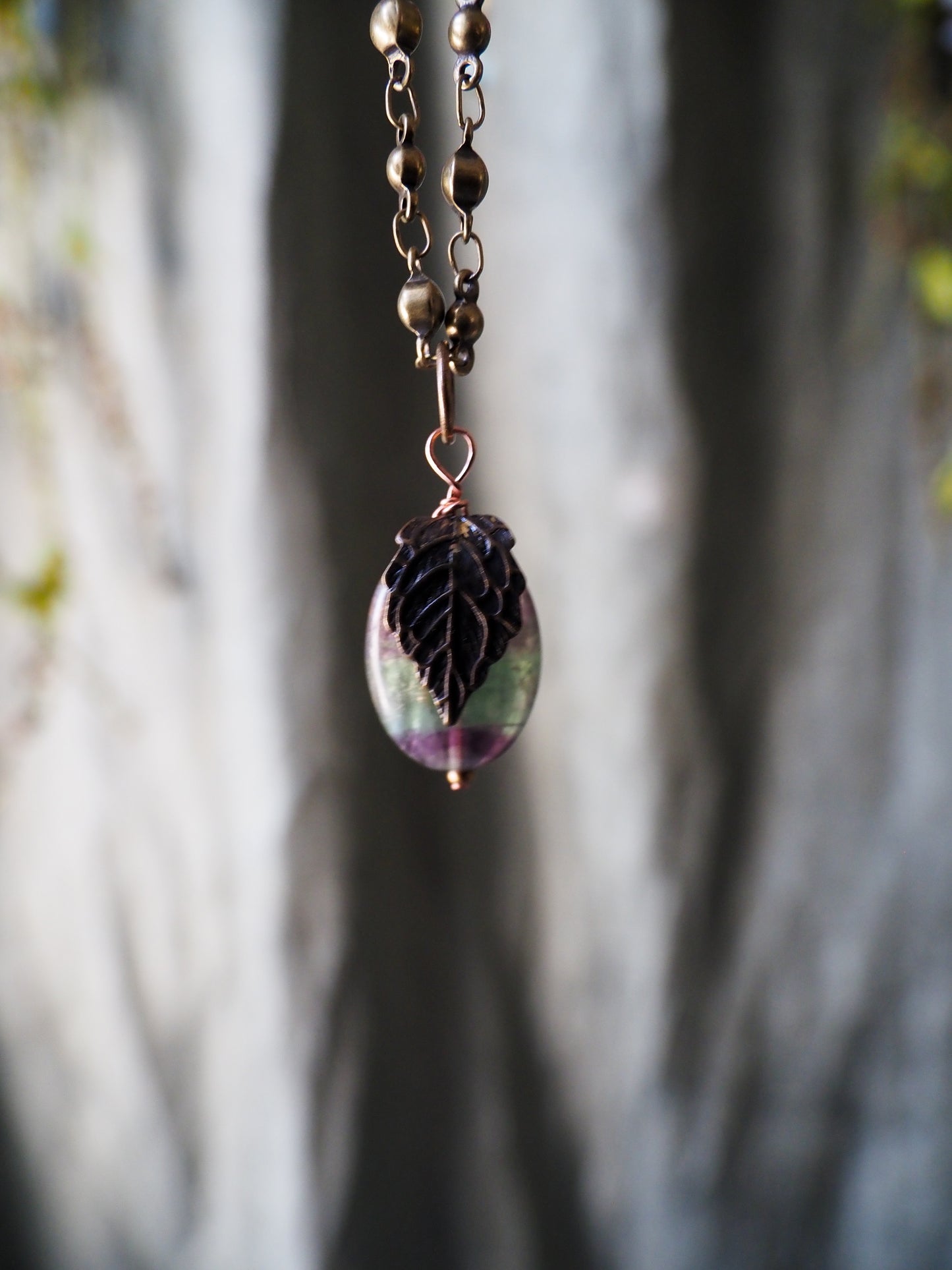 Flourite brass leaf necklace 