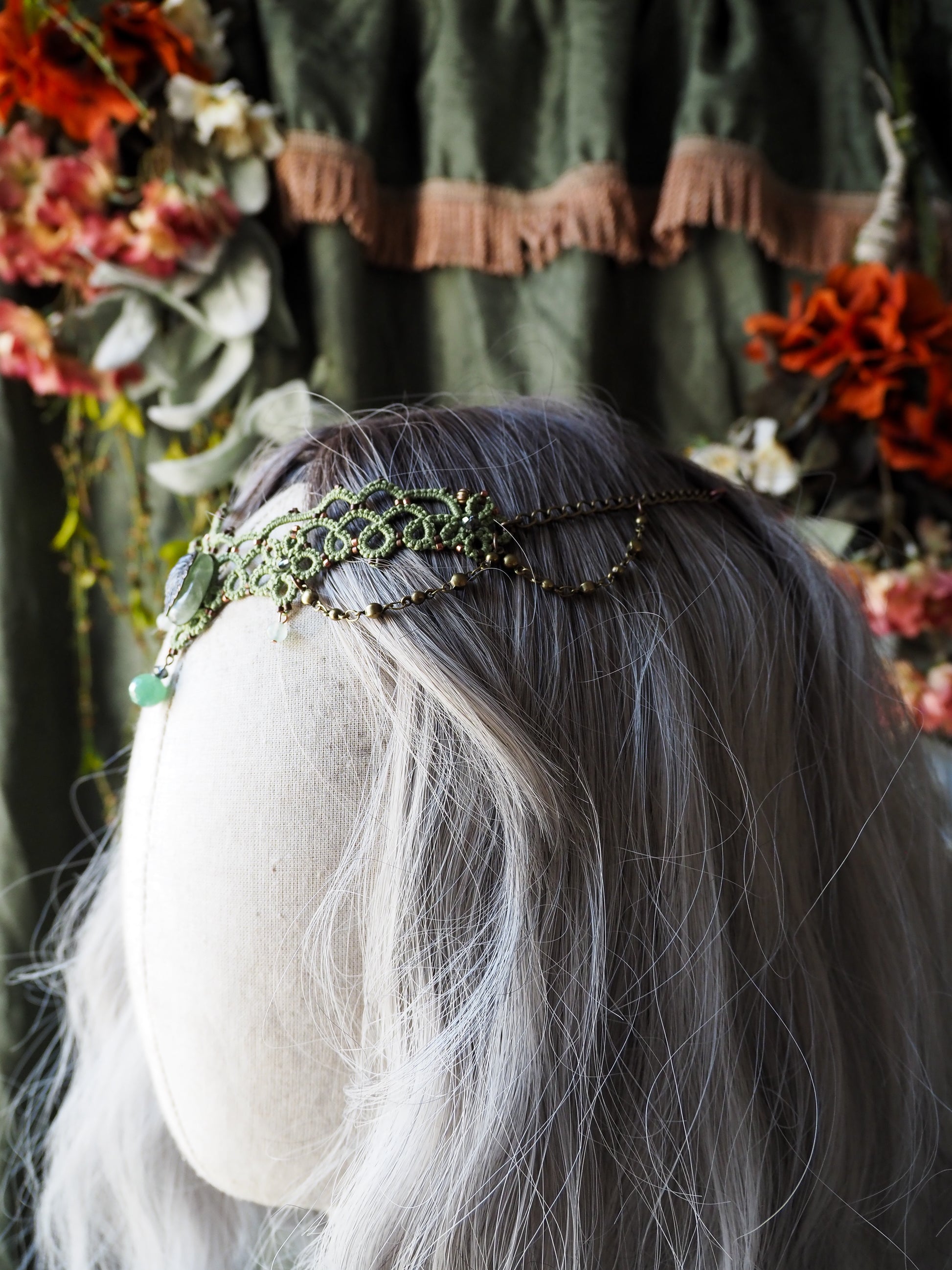 Sage green lace crown amazonite and brass