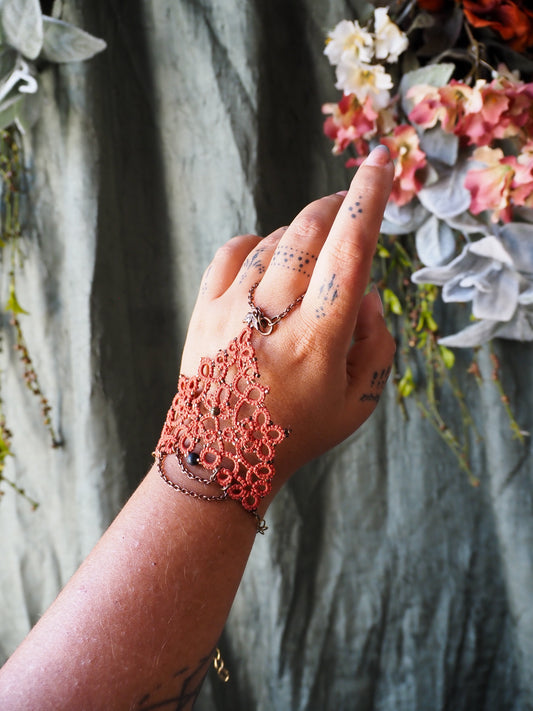 Burnt orange lace hand chain bracelet