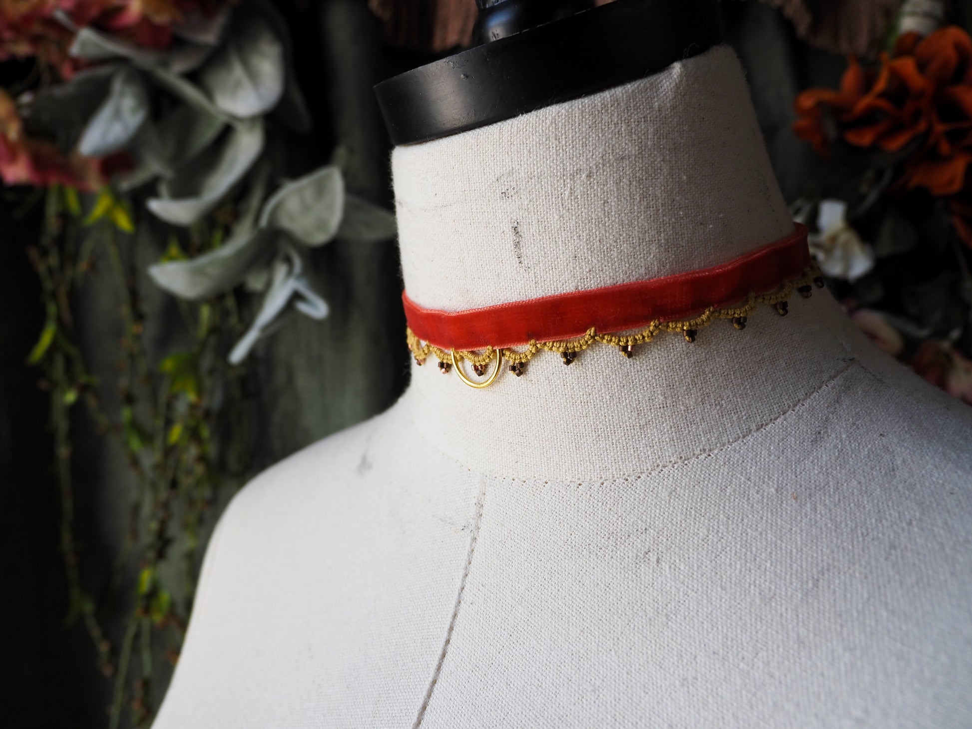 Orange velvet ribbon lace choker collar