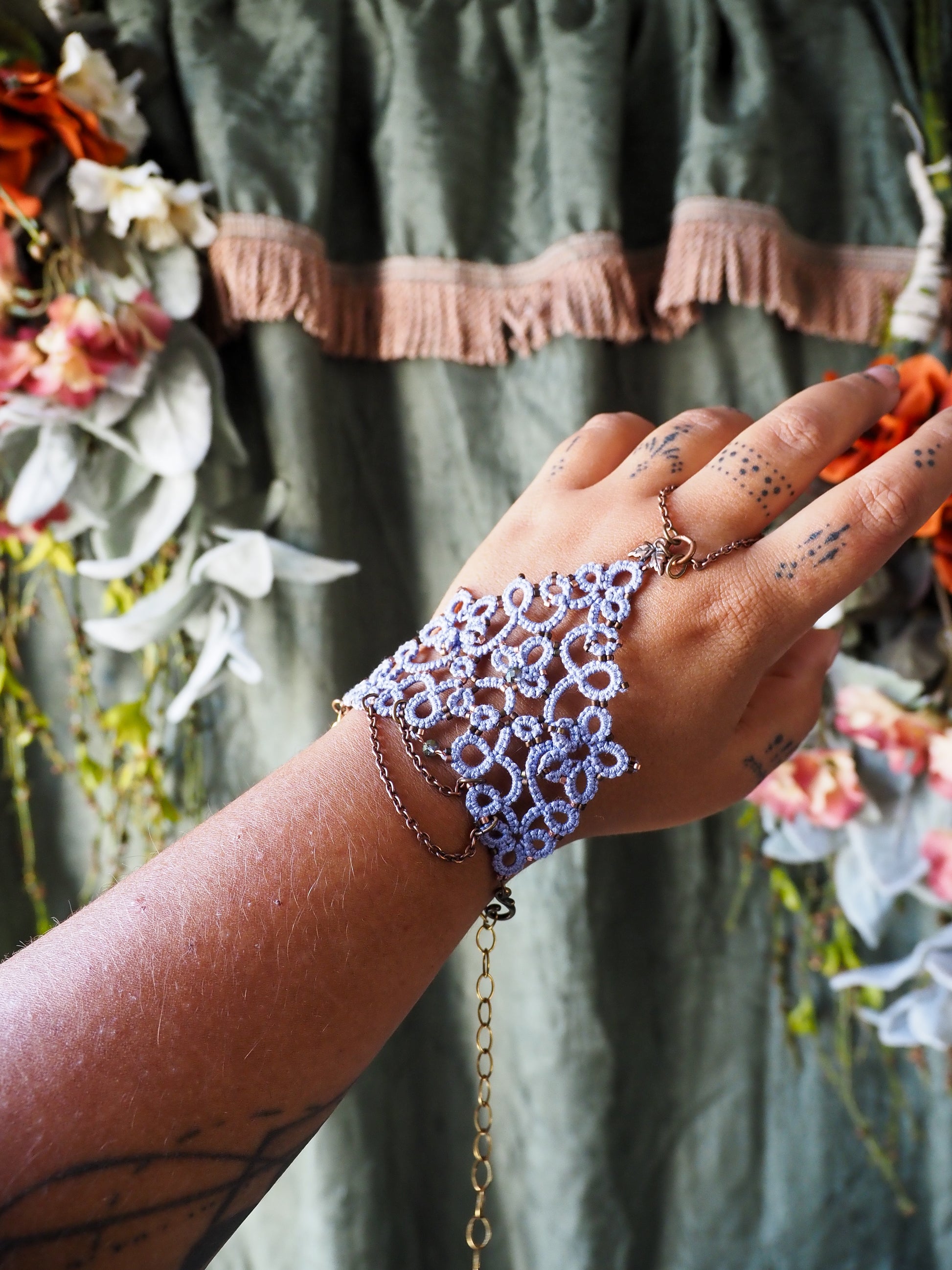 Lilac purple lace hand chain bracelet