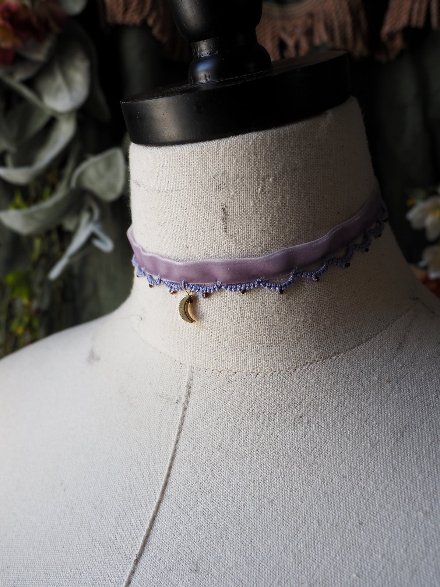 Lilac purple velvet ribbon collar with gold moon