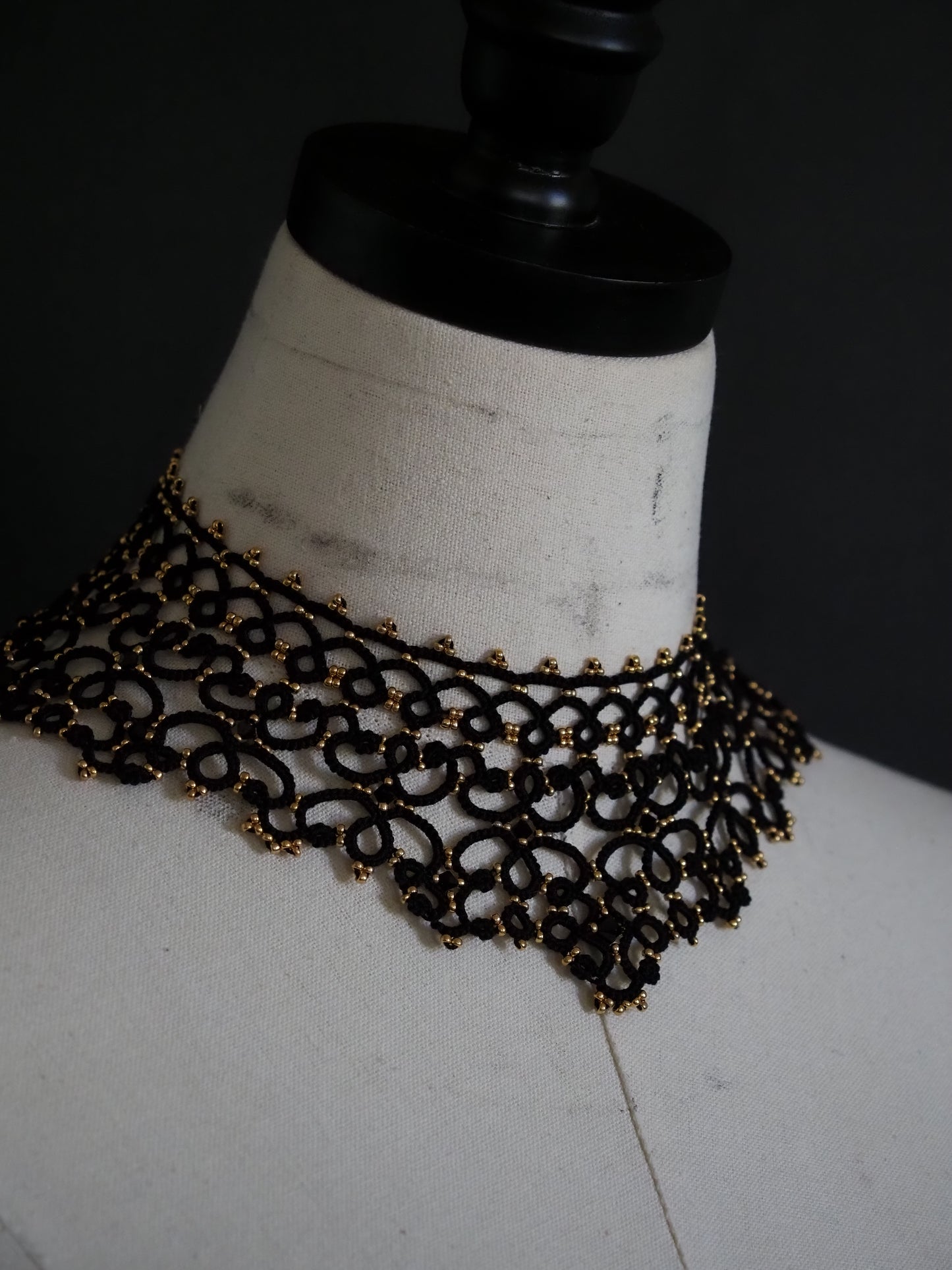 black handmade lace gold beads wide collar necklace