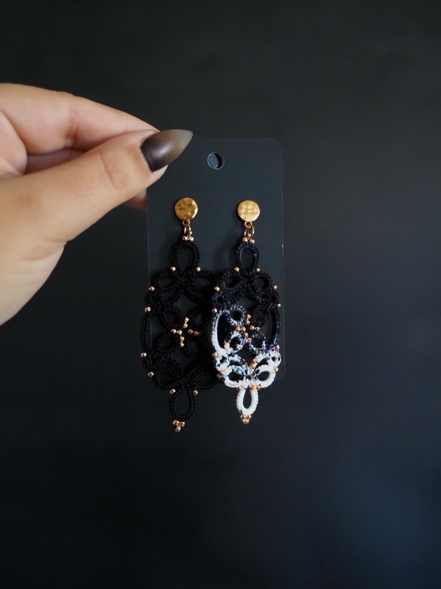 black and white handmade lace gold bead earrings lightweight