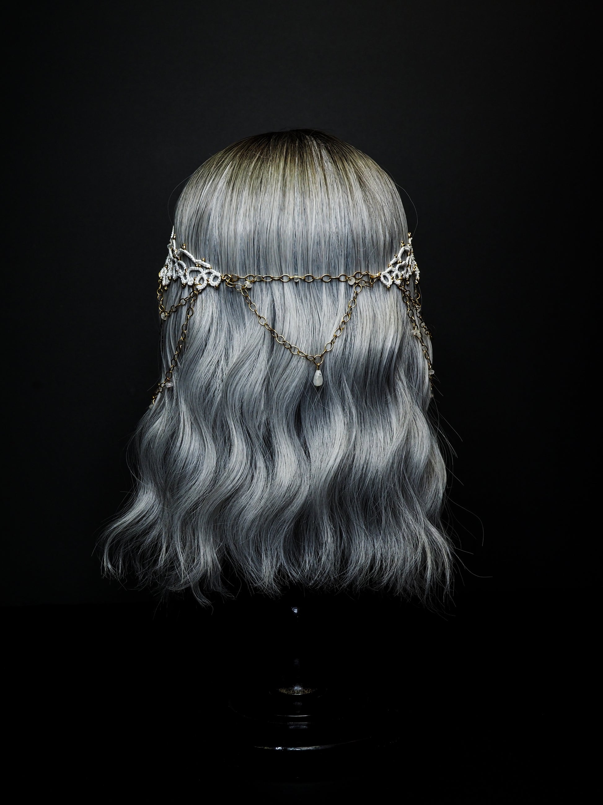 white lace circlet fantasy crown moonstone gold chain