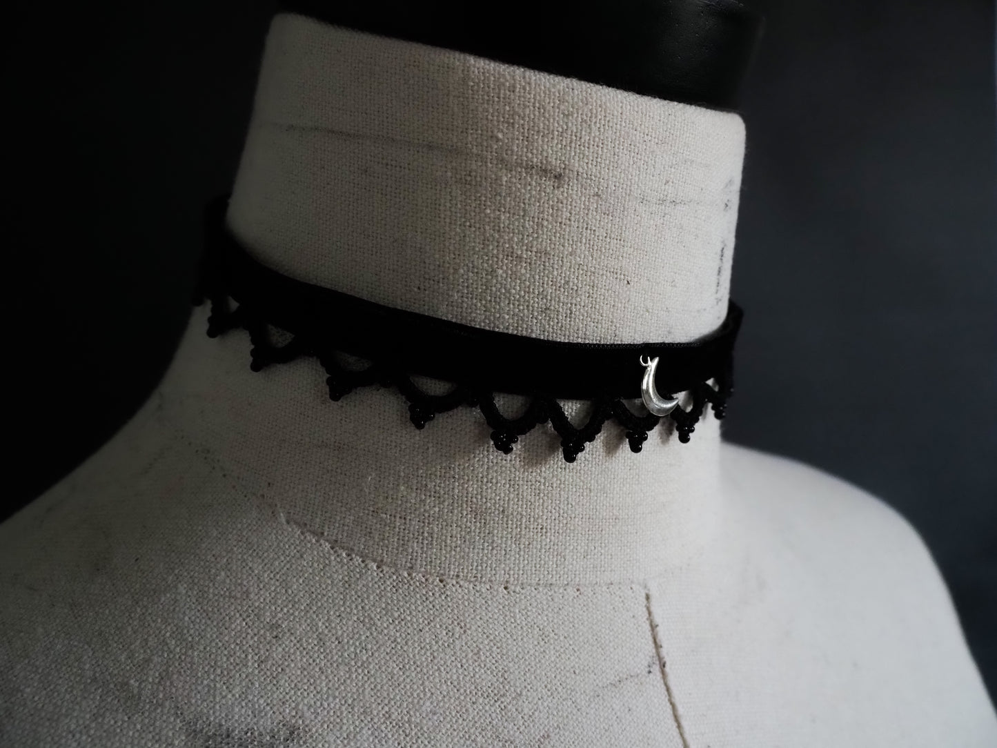 black beaded lace silver moon choker collar