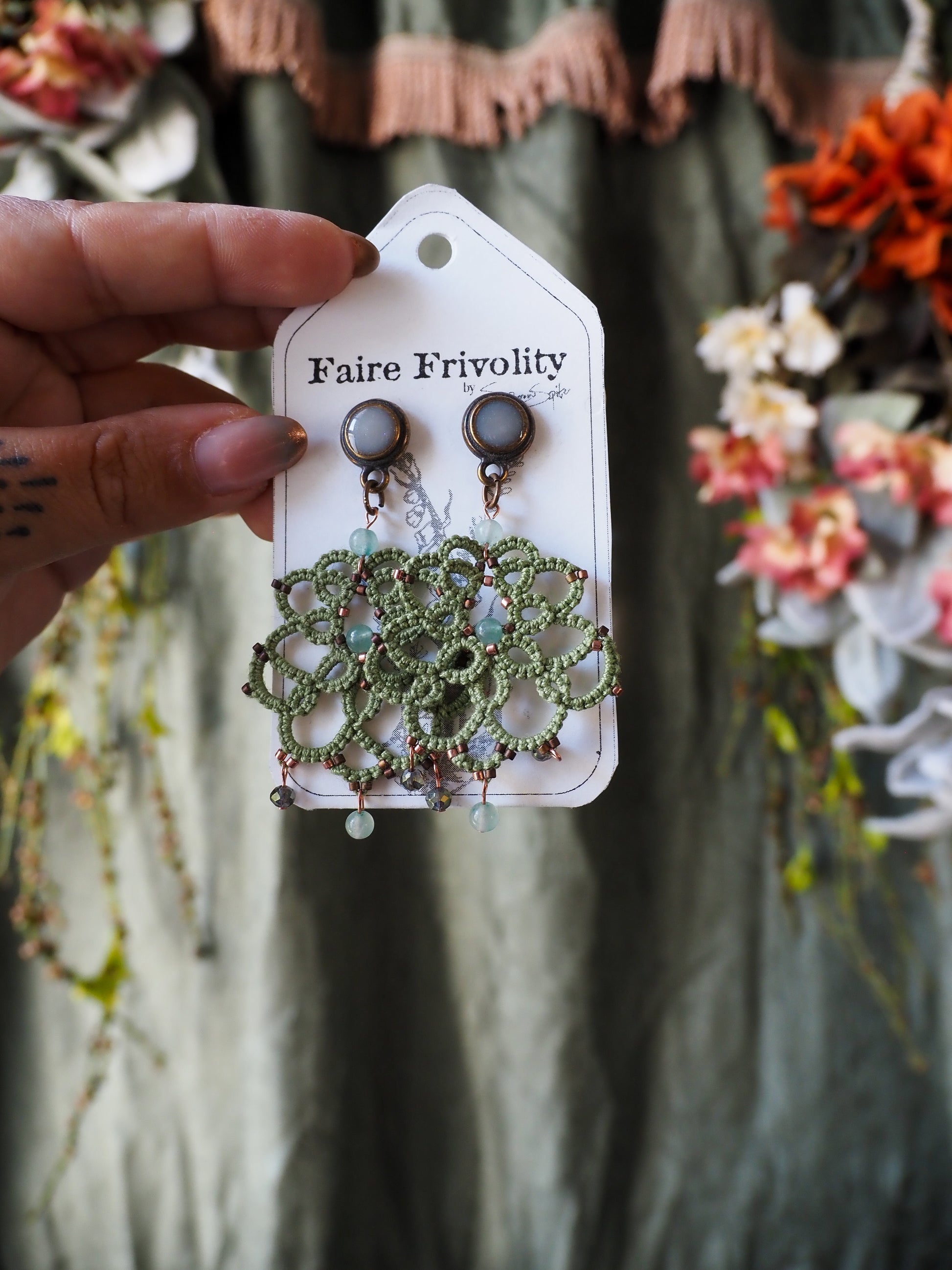 sage green handmade lace earrings titanium stud earrings